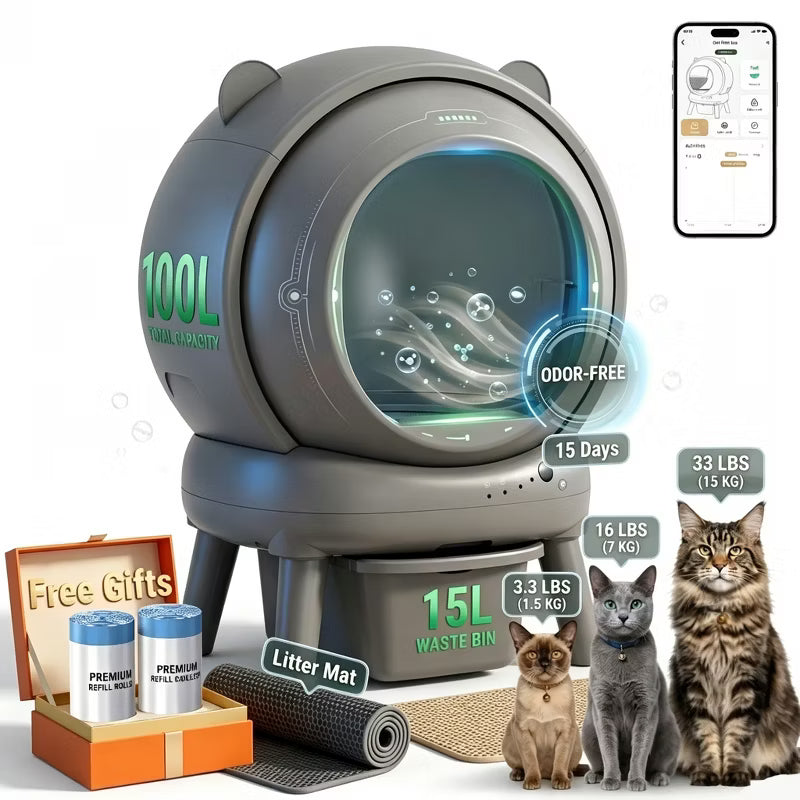 Clearance Sale - Automatic Self Cleaning Litter Box, APP Control, 15L Large Waste Bin, for Multiple Cats, Grey