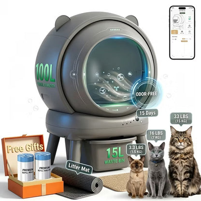Clearance Sale - Automatic Self Cleaning Litter Box, APP Control, 15L Large Waste Bin, for Multiple Cats, Grey