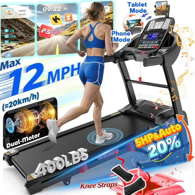 5HP Foldable Treadmill for Home w/ 20% Auto Incline,400lb Capacity, 12MPH Portable Running Walking Treadmill,71 Programs, Personalized Workout w/ APP