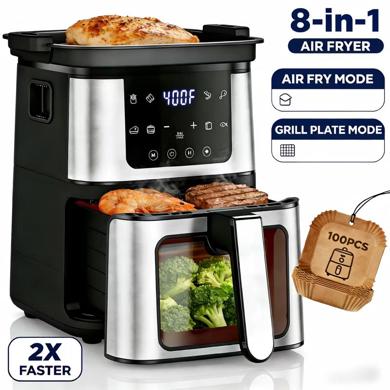 8-in-1 Air Fryer, Grill Plate/Air Fryer Mode,7.5Qt Air Fryers with Digital LED Touch Screen,8 Preset Cookings,95% Less Oil, 100Pcs Liner