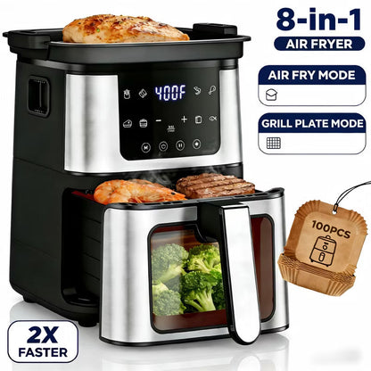 8-in-1 Air Fryer, Grill Plate/Air Fryer Mode,7.5Qt Air Fryers with Digital LED Touch Screen,8 Preset Cookings,95% Less Oil, 100Pcs Liner
