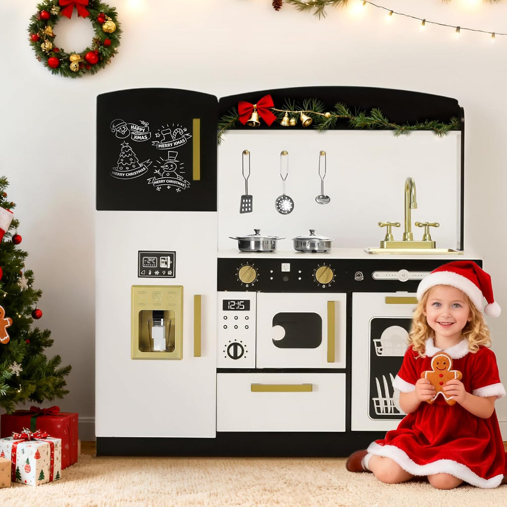 Wooden Kids Play Kitchen, Toy Kitchen Playset for Toddler, Play Kitchen Set w/Blackboard, Transparent Coloring Board, Pretend Dishwasher, Oven, Ice Maker, Gift for Boys Girls Age 3+, Black