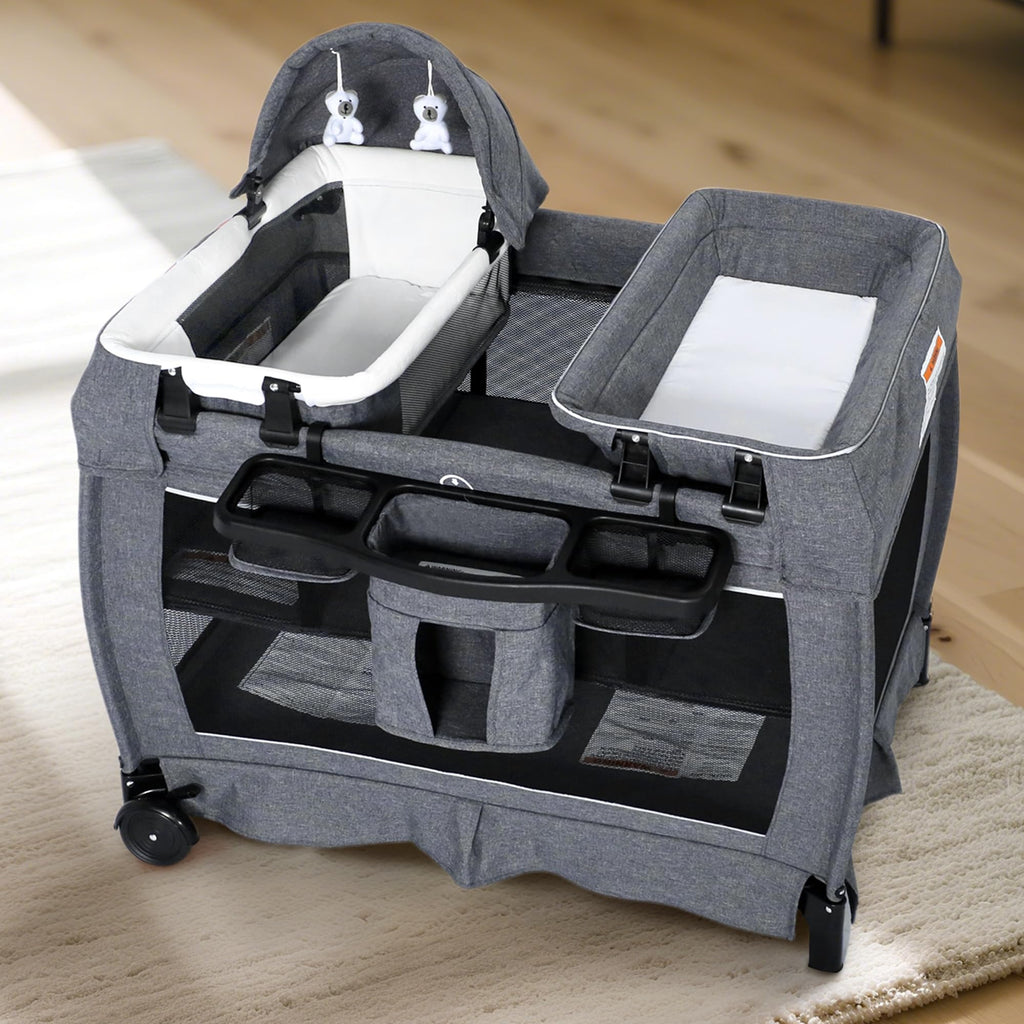 4 in 1 Foldable Pack and Play with Bassinet & Changing Table, Portable Playard for Babies and Toddlers, Adjustable Canopy, Storage Bag, Light Gray
