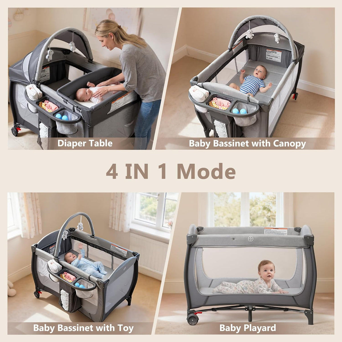 4 in 1 Portable Pack and Play, Baby Playard w/Bassinet, Large Playpen for Infant and Toddler, Newborn Changing Table, Adjustable Canopy, Storage Basket, Travel Bag, Grey