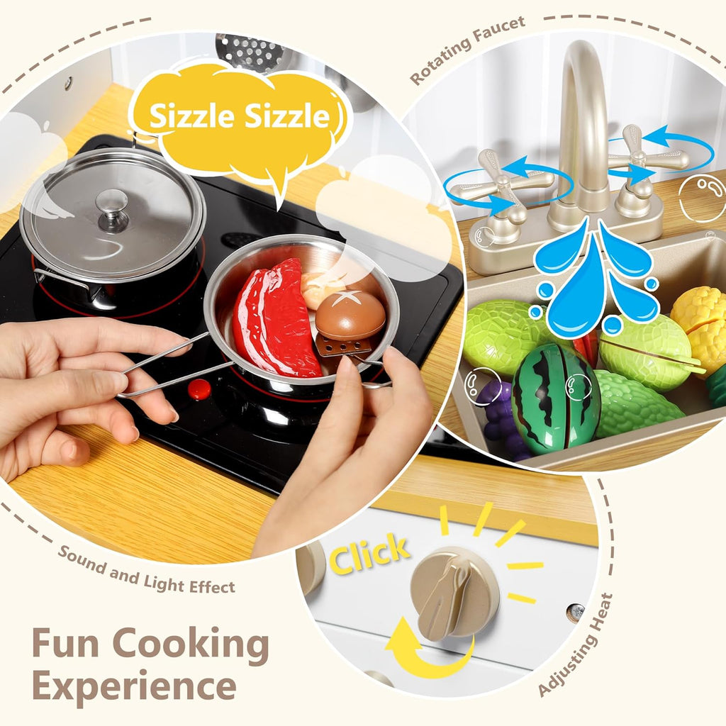 Wooden Kids Play Kitchen, Kitchen Playset for Toddler Kid, Play Kitchen Toy Set w/Real Sounds, Pretend Microwave Oven, Ice Maker, Telephone, Gift for Boys Girls Age 3+, White