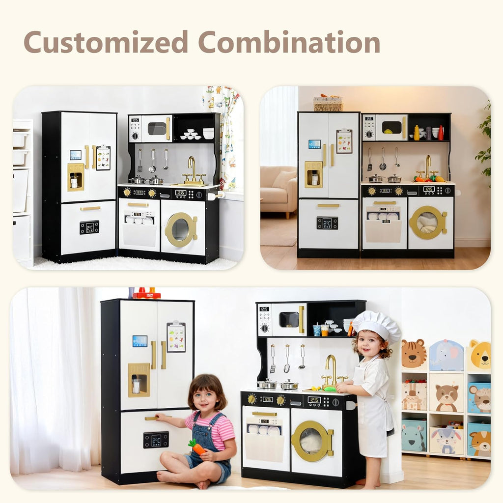 Wooden Kids Play Kitchen, Toy Kitchen Playset for Toddler, Play Kitchen Set w/Transparent Coloring Board, Pretend Fridge, Washing Machine, Ice Maker, Gift for Boys Girls Age 3+, Black