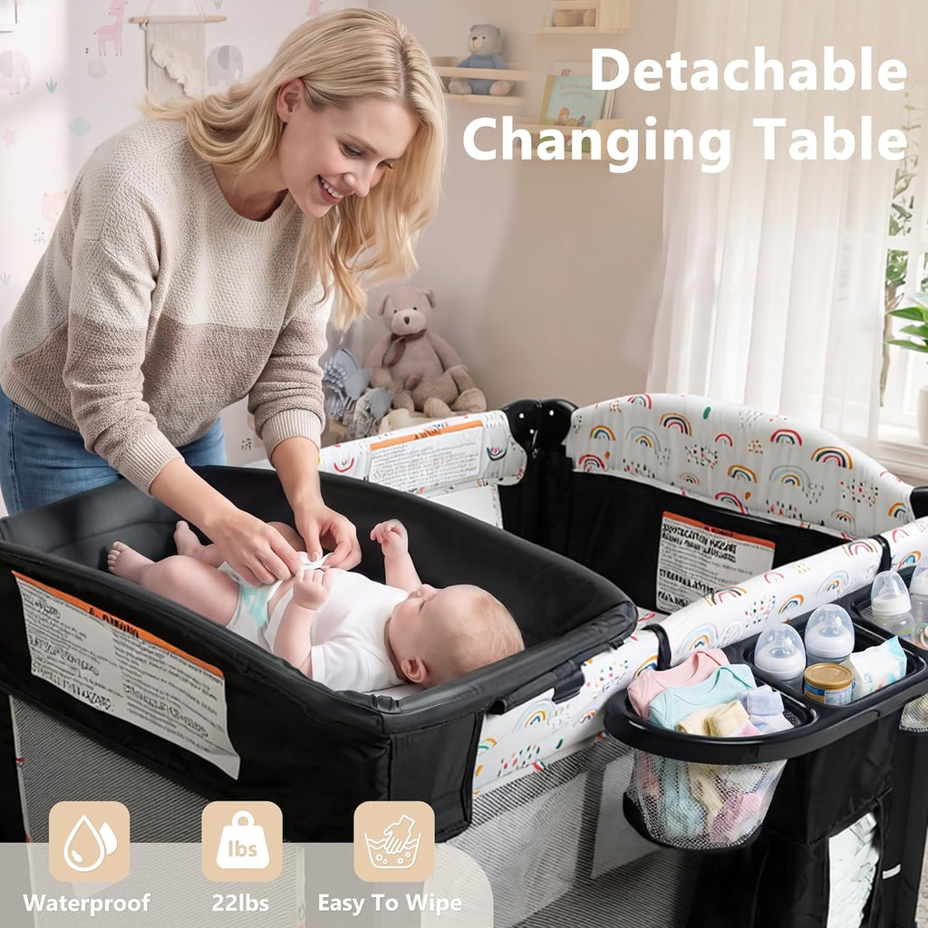 4 in 1 Portable Baby Playard, Foldable Baby Bedside Crib w/Bassinet, Infant Pack and Play Playard Toddler Large Playpen, Newborn Changing Table, Storage Basket,Multicolour