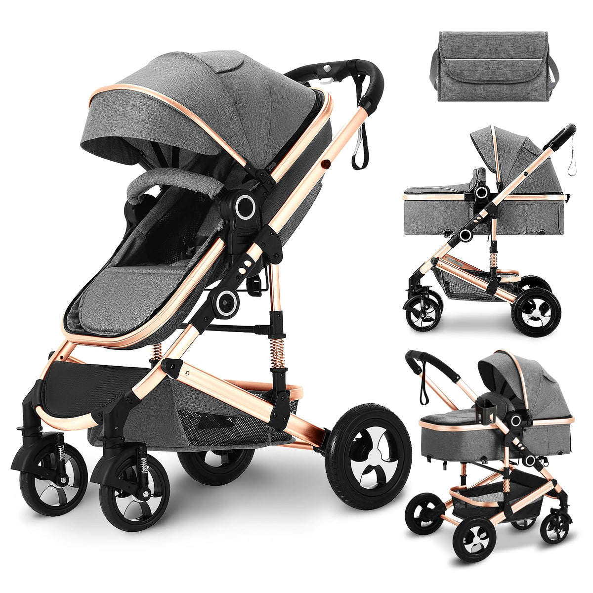Kinder King 2 in 1 Convertible Baby Stroller, Folding High Landscape Infant Carriage, Newborn Reversible Pram, Adjustable Canopy, Diaper Bag, Anti-Shock Toddler Pushchair Stroller, Gold