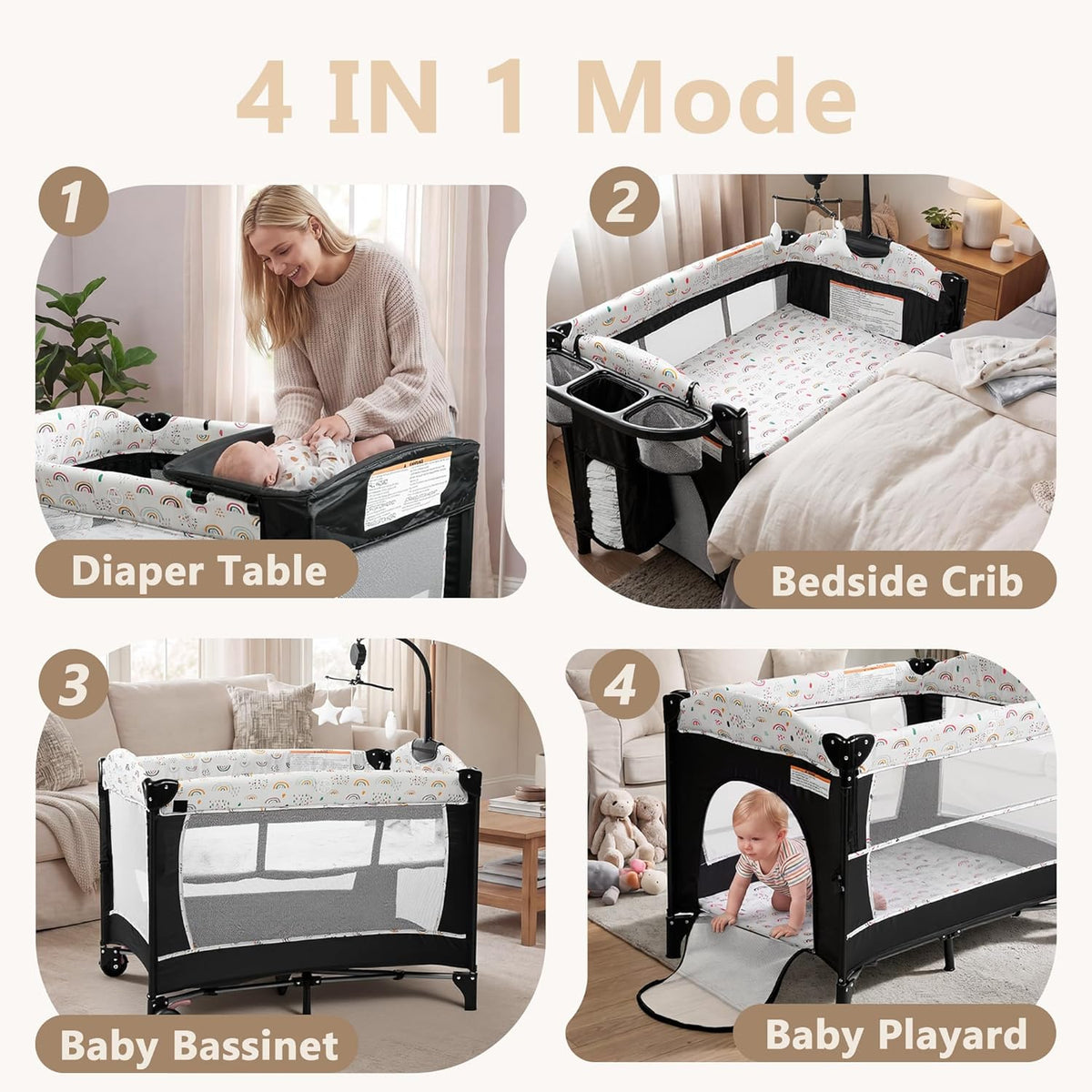 4 in 1 Portable Baby Playard, Foldable Baby Bedside Crib w/Bassinet, Infant Pack and Play Playard Toddler Large Playpen, Newborn Changing Table, Storage Basket,Multicolour