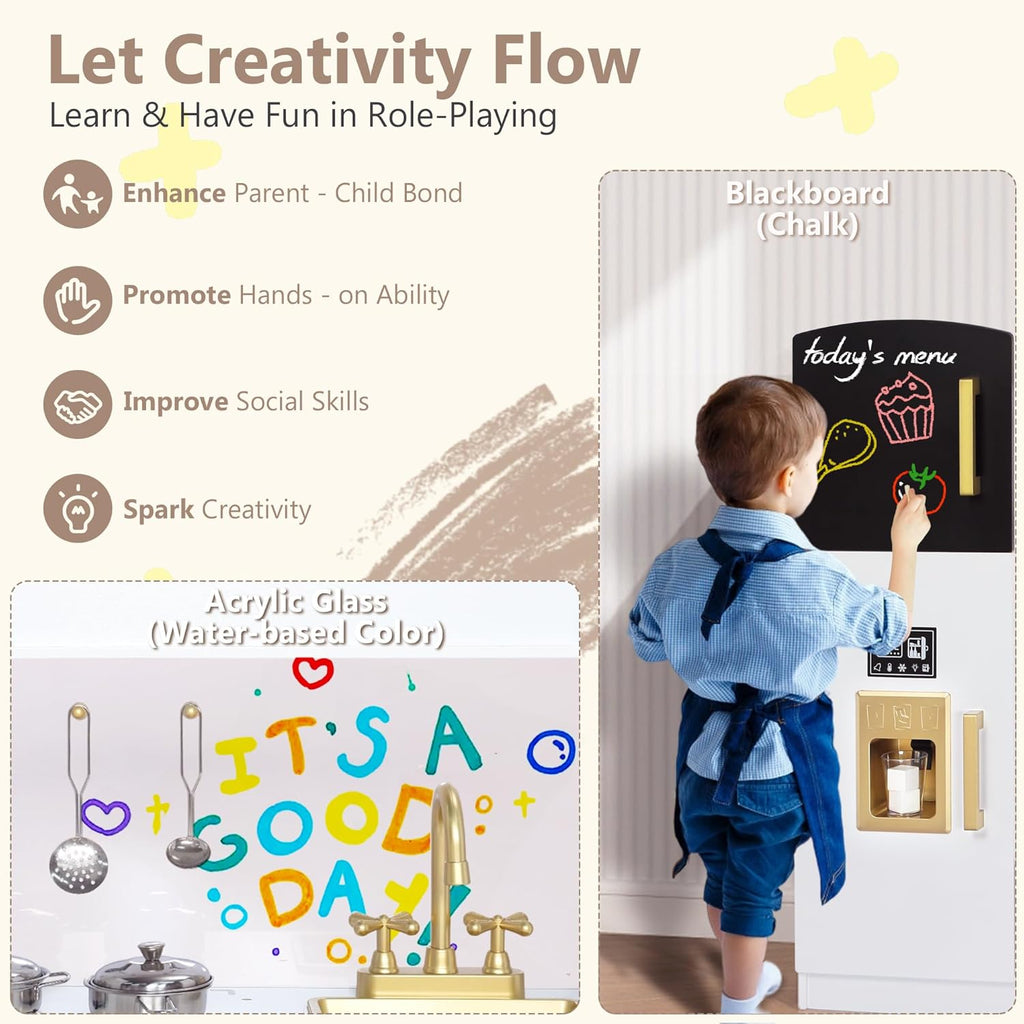 Wooden Kids Play Kitchen, Toy Kitchen Playset for Toddler, Play Kitchen Set w/Blackboard, Transparent Coloring Board, Pretend Dishwasher, Oven, Ice Maker, Gift for Boys Girls Age 3+, White