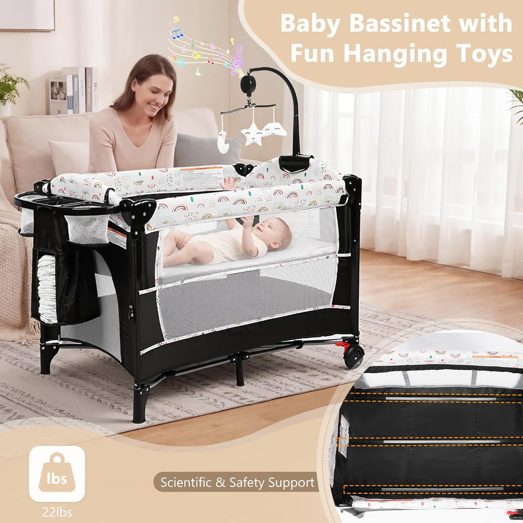 4 in 1 Portable Baby Playard, Foldable Baby Bedside Crib w/Bassinet, Infant Pack and Play Playard Toddler Large Playpen, Newborn Changing Table, Storage Basket,Multicolour