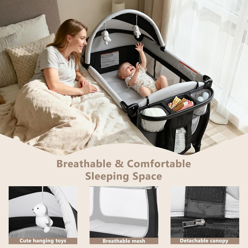 4 in 1 Portable Pack and Play, Baby Playard w/Bassinet, Large Playpen for Infant and Toddler, Newborn Changing Table, Adjustable Canopy, Storage Basket, Travel Bag, Black