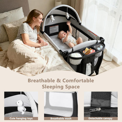 Kinder King 4 in 1 Portable Pack and Play, Baby Playard w/Bassinet, Large Playpen for Infant and Toddler, Newborn Changing Table, Adjustable Canopy, Storage Basket, Travel Bag, Black