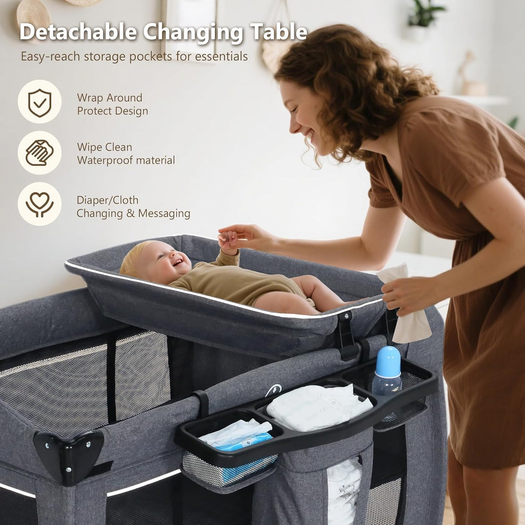 4 in 1 Foldable Pack and Play with Bassinet & Changing Table, Portable Playard for Babies and Toddlers, Adjustable Canopy, Storage Bag, Light Gray