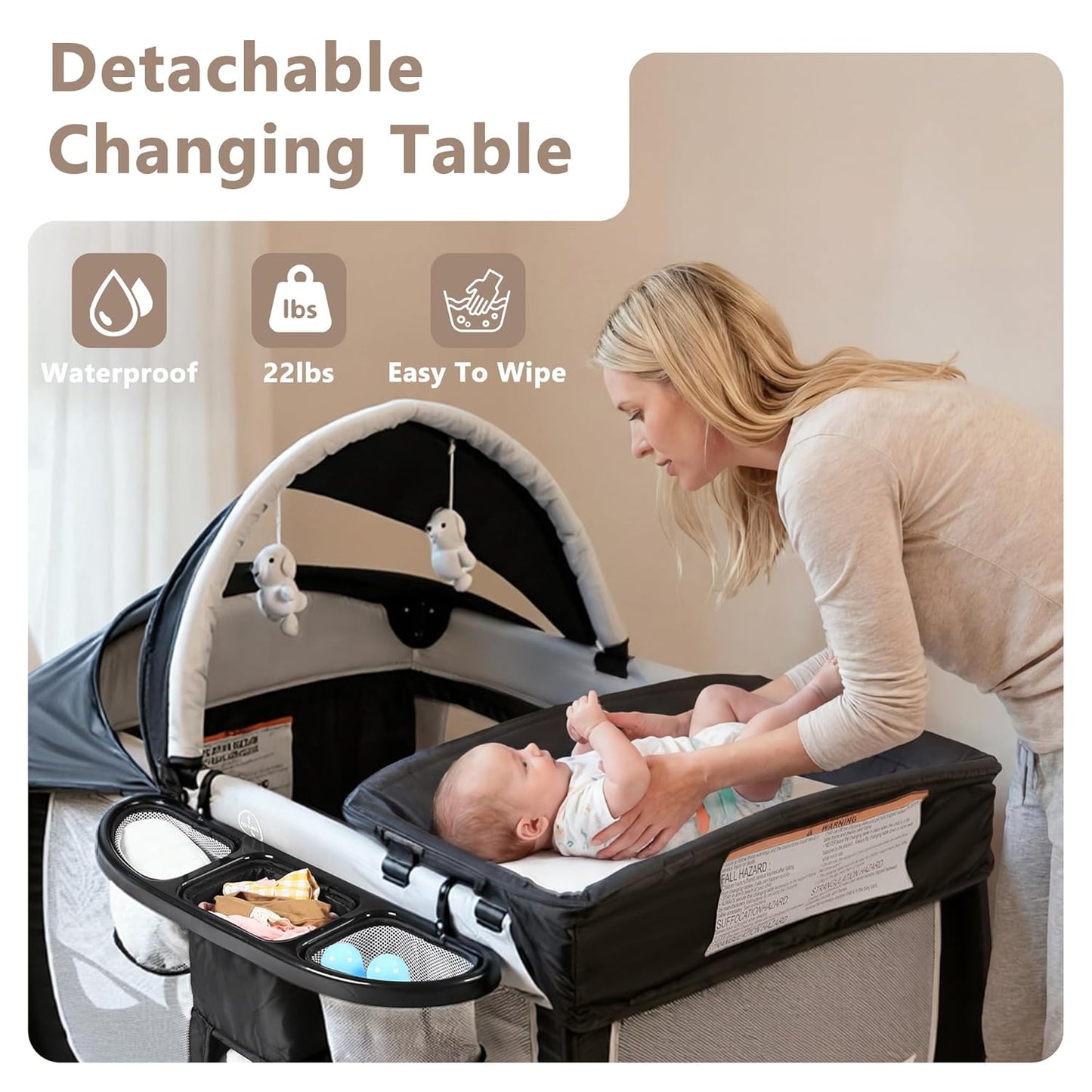 Kinder King 4 in 1 Portable Pack and Play, Baby Playard w/Bassinet, Large Playpen for Infant and Toddler, Newborn Changing Table, Adjustable Canopy, Storage Basket, Travel Bag, Black