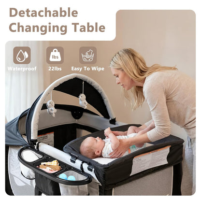 Kinder King 4 in 1 Portable Pack and Play, Baby Playard w/Bassinet, Large Playpen for Infant and Toddler, Newborn Changing Table, Adjustable Canopy, Storage Basket, Travel Bag, Black