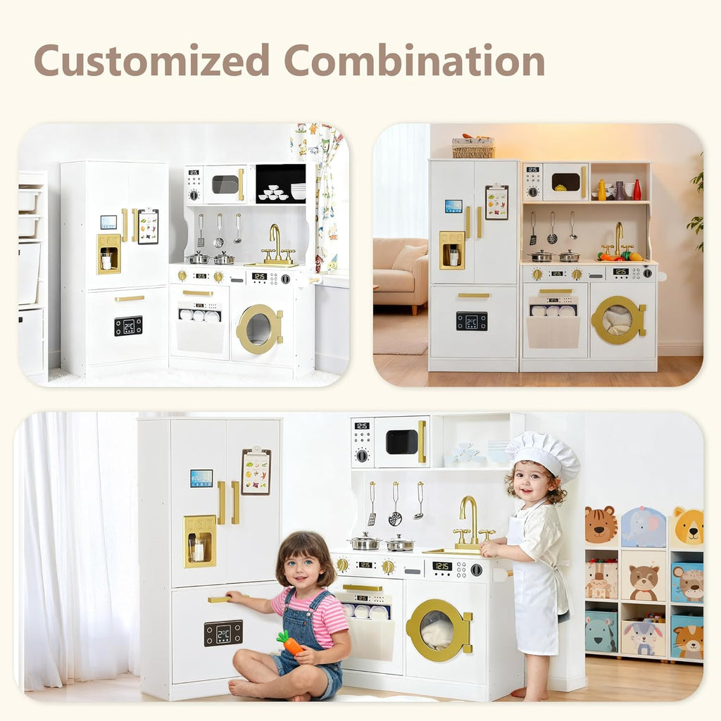 Wooden Kids Play Kitchen, Toy Kitchen Playset for Toddler, Play Kitchen Set w/Transparent Coloring Board, Pretend Fridge, Washing Machine, Ice Maker, Gift for Boys Girls Age 3+, White