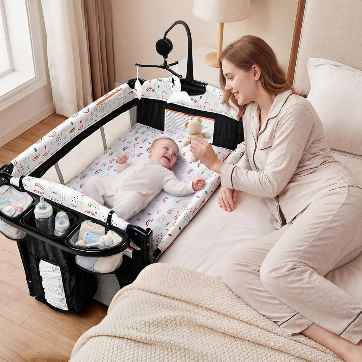 4 in 1 Portable Baby Playard, Foldable Baby Bedside Crib w/Bassinet, Infant Pack and Play Playard Toddler Large Playpen, Newborn Changing Table, Storage Basket,Multicolour