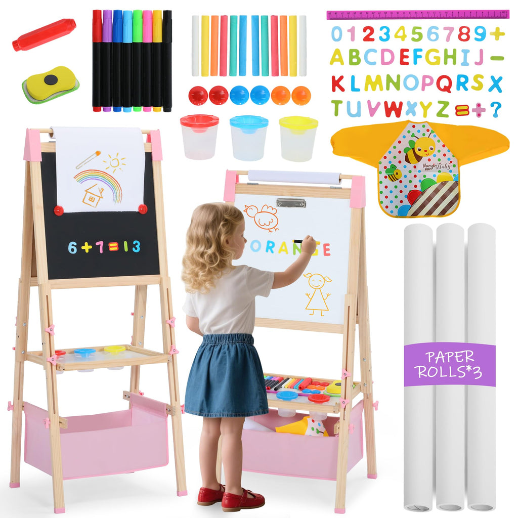 3 in 1 Wooden Kids Easel, Adjustable Art Easel for Kids, Double-Sided Magnetic Whiteboard & Chalkboard, Paper Roller, Art Supplies, Coloring Drawing Easel Toddler Gift Ages 3+, Pink