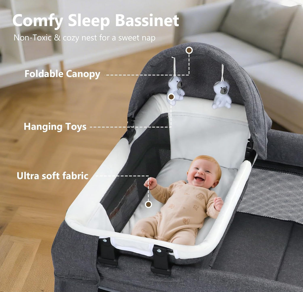 4 in 1 Foldable Pack and Play with Bassinet & Changing Table, Portable Playard for Babies and Toddlers, Adjustable Canopy, Storage Bag, Light Gray