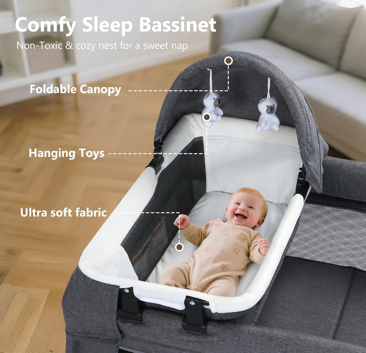 4 in 1 Foldable Pack and Play with Bassinet & Changing Table, Portable Playard for Babies and Toddlers, Adjustable Canopy, Storage Bag, Light Gray