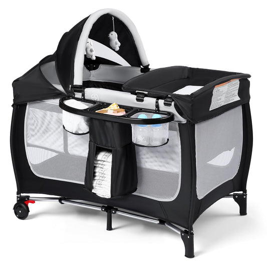 Kinder King 4 in 1 Portable Pack and Play, Baby Playard w/Bassinet, Large Playpen for Infant and Toddler, Newborn Changing Table, Adjustable Canopy, Storage Basket, Travel Bag, Black