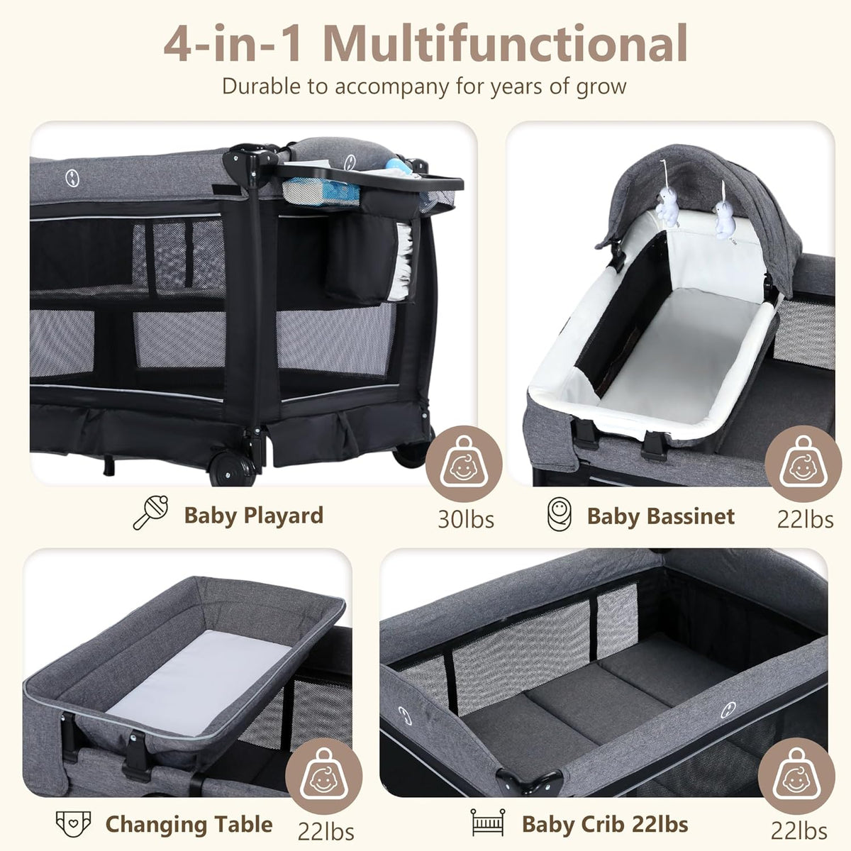 4 in 1 Foldable Pack and Play with Bassinet & Changing Table, Portable Playard for Babies and Toddlers, Adjustable Canopy, Storage Bag, Black