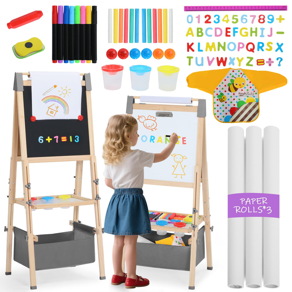 3 in 1 Wooden Kids Easel, Adjustable Art Easel for Kids, Double-Sided Magnetic Whiteboard & Chalkboard, Paper Roller, Art Supplies, Coloring Drawing Easel Toddler Gift Ages 3+, Grey