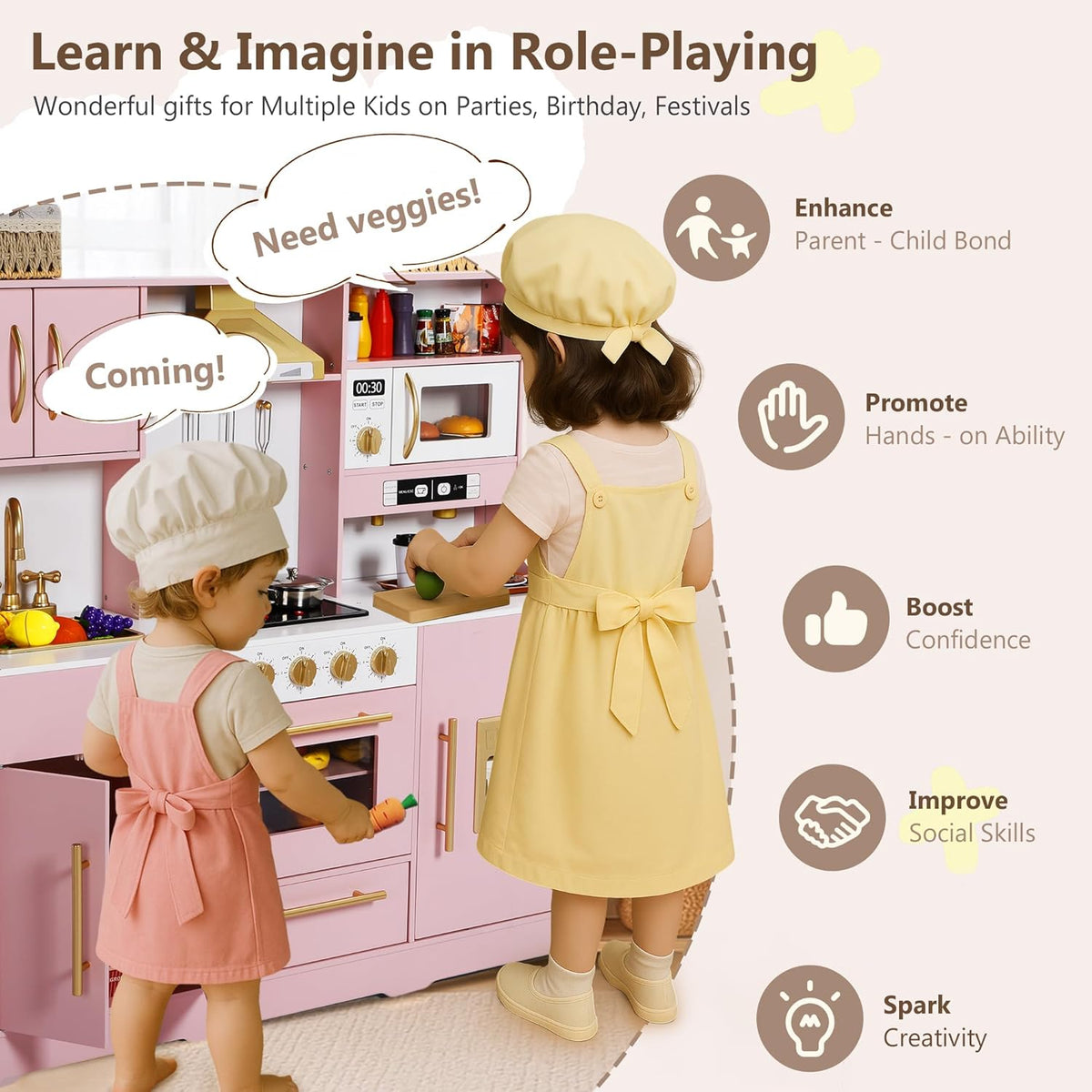 Wooden Kids Play Kitchen, Toy Kitchen Playset for Toddler, Play Kitchen Set w/Real Sounds, Pretend Coffee Machine, Kitchen Hood, Sink, Ice Maker, Gift for Boys Girls Age 3+, Pink