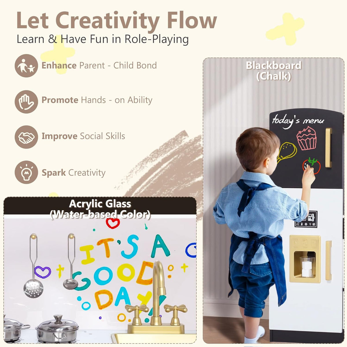 Wooden Kids Play Kitchen, Toy Kitchen Playset for Toddler, Play Kitchen Set w/Blackboard, Transparent Coloring Board, Pretend Dishwasher, Oven, Ice Maker, Gift for Boys Girls Age 3+, Black