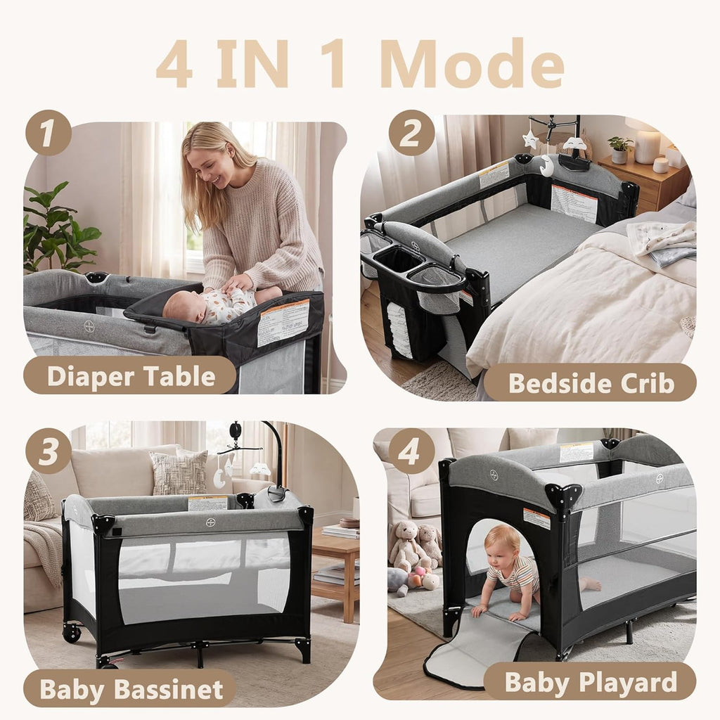 4 in 1 Portable Baby Playard, Foldable Baby Bedside Crib w/Bassinet, Infant Pack and Play Playard Toddler Large Playpen, Newborn Changing Table, Storage Basket, Grey