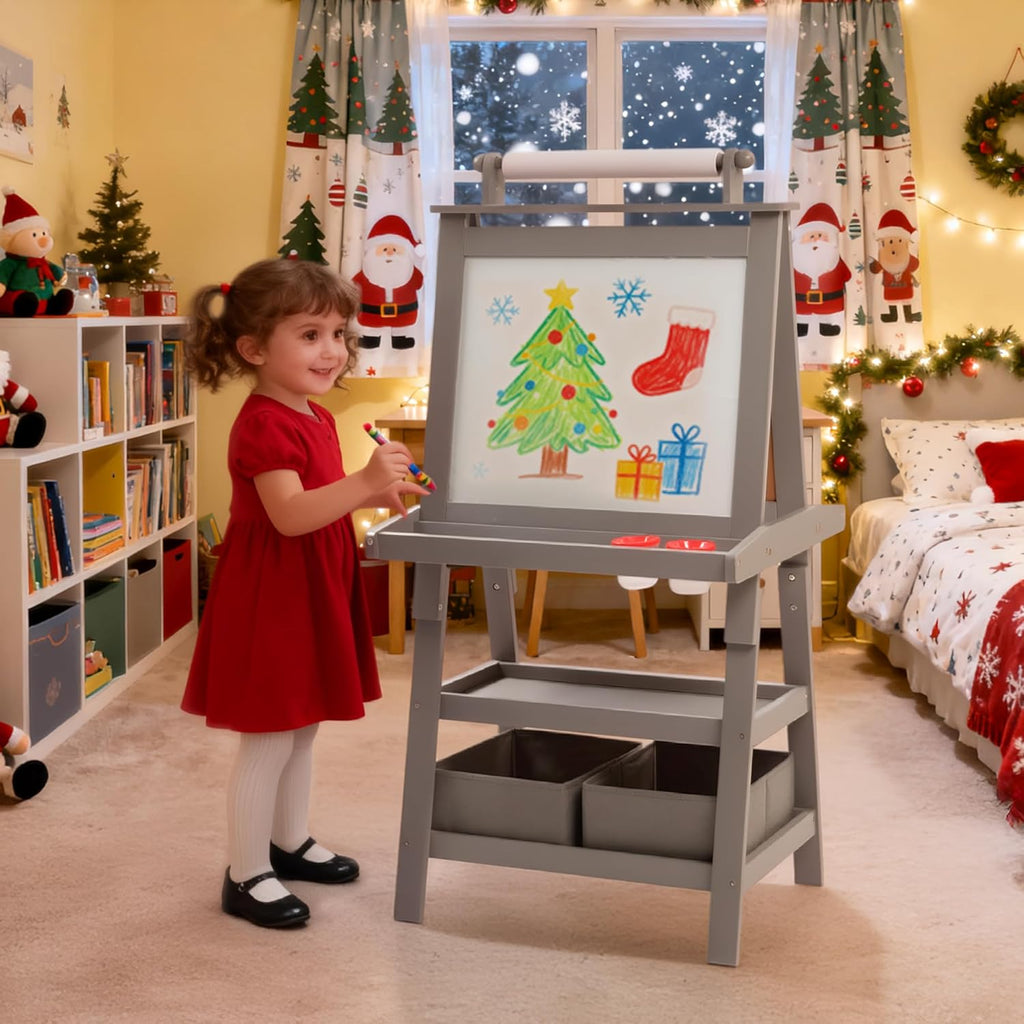 3 in 1 Kids Art Easel w/Storage, Double-Sided Magnetic Whiteboard & Chalkboard, Dry-Erase Board w/Paper Roller, Toddler Children Standing Easel for Painting & Drawing, Accessories(Grey)