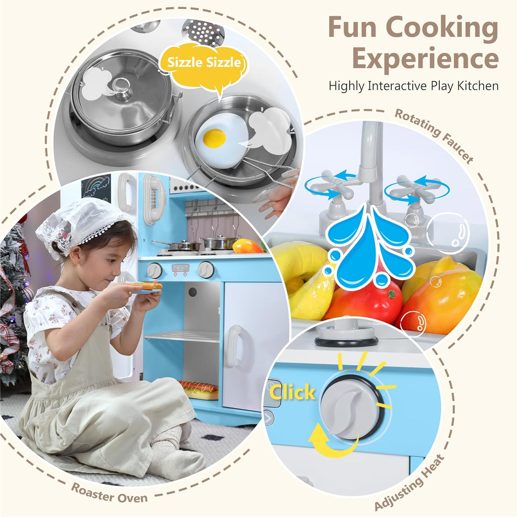 Wooden Kids Play Kitchen, Toy Kitchen Playset for Toddler, Pretend Oven, Microwave, Telephone, Chalkboard, Interactive Doors, Knobs, Realistic Kitchen Sets for Boys Girls Age 3+, Blue