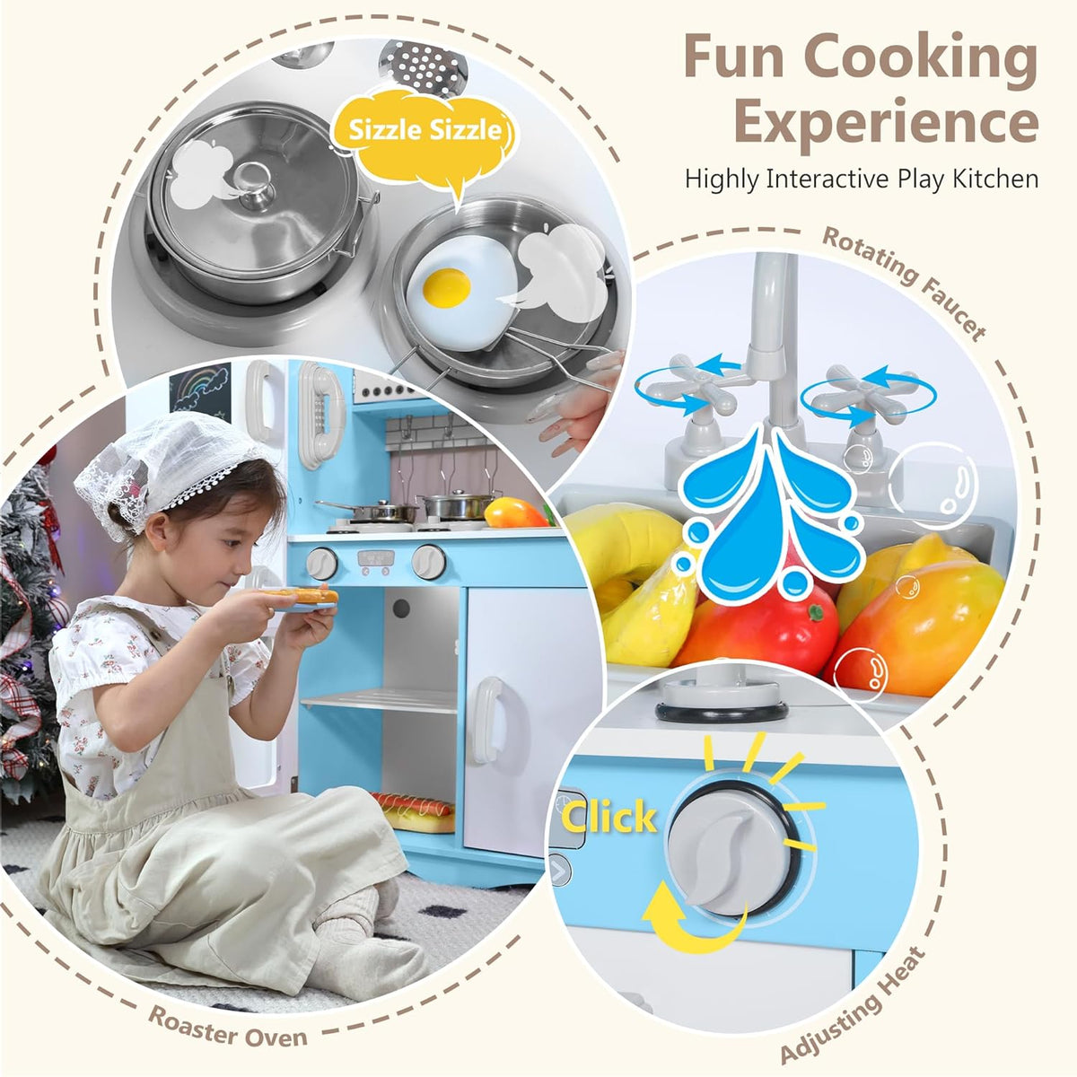 Wooden Kids Play Kitchen, Toy Kitchen Playset for Toddler, Pretend Oven, Microwave, Telephone, Chalkboard, Interactive Doors, Knobs, Realistic Kitchen Sets for Boys Girls Age 3+, Blue