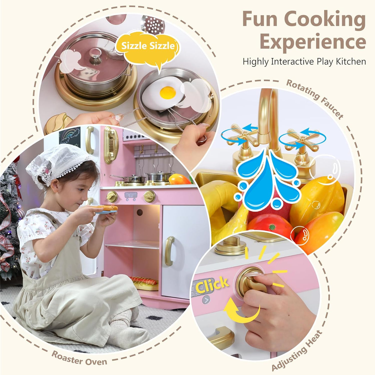 Wooden Kids Play Kitchen, Toy Kitchen Playset for Toddler, Pretend Oven, Microwave, Telephone, Chalkboard, Interactive Doors, Knobs, Realistic Kitchen Sets for Boys Girls Age 3+, Gold