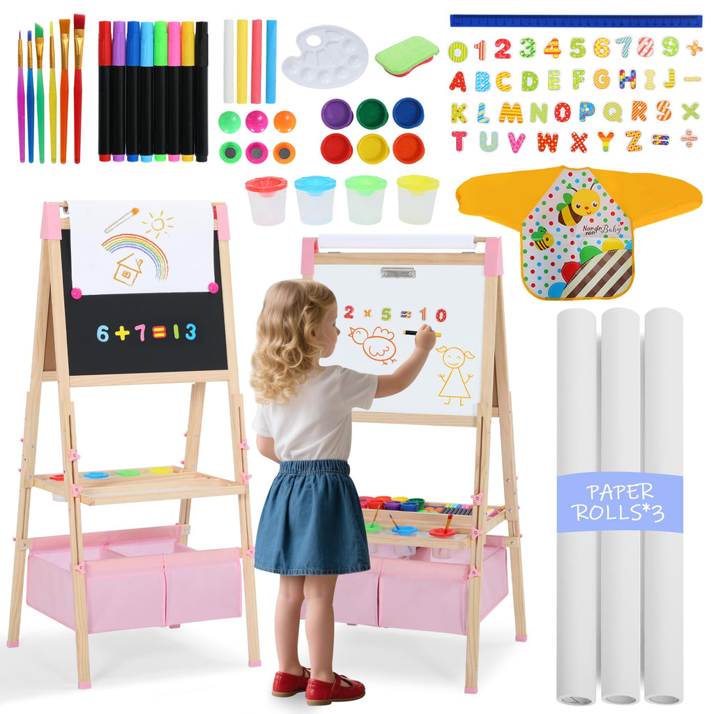 3 in 1 Wooden Kids Easel, Adjustable Double-Sided Art Easel for Kids, Magnetic Whiteboard & Chalkboard, Paper Roller, Art Supplies, Painting Drawing Easel Toddler, Pink