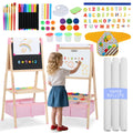 3 in 1 Wooden Kids Easel, Adjustable Double-Sided Art Easel for Kids, Magnetic Whiteboard & Chalkboard, Paper Roller, Art Supplies, Painting Drawing Easel Toddler, Pink