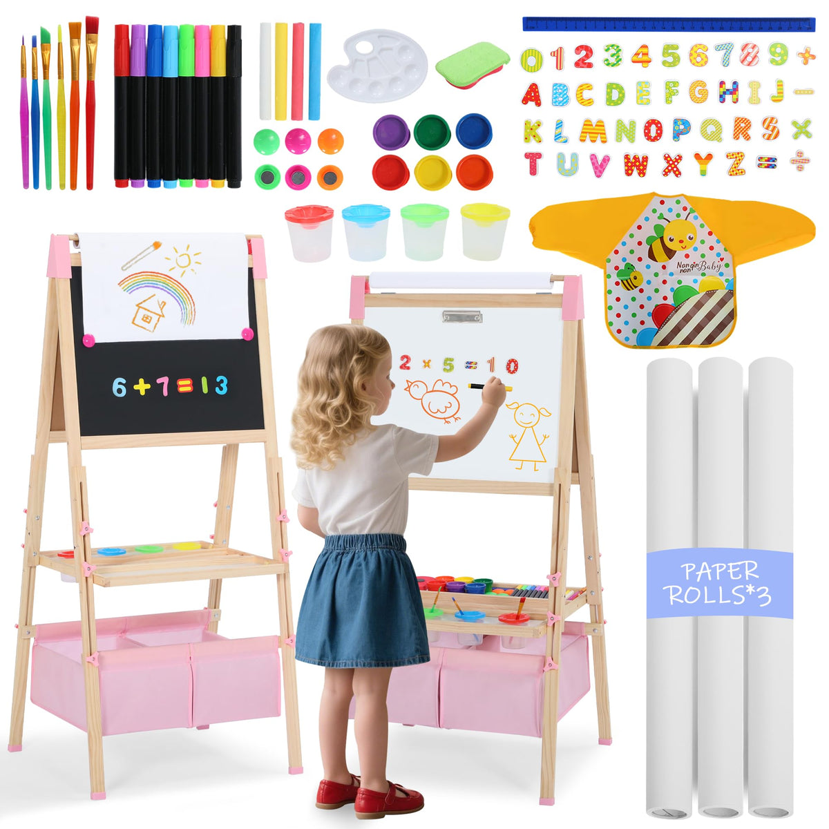 3 in 1 Wooden Kids Easel, Adjustable Double-Sided Art Easel for Kids, Magnetic Whiteboard & Chalkboard, Paper Roller, Art Supplies, Painting Drawing Easel Toddler, Pink