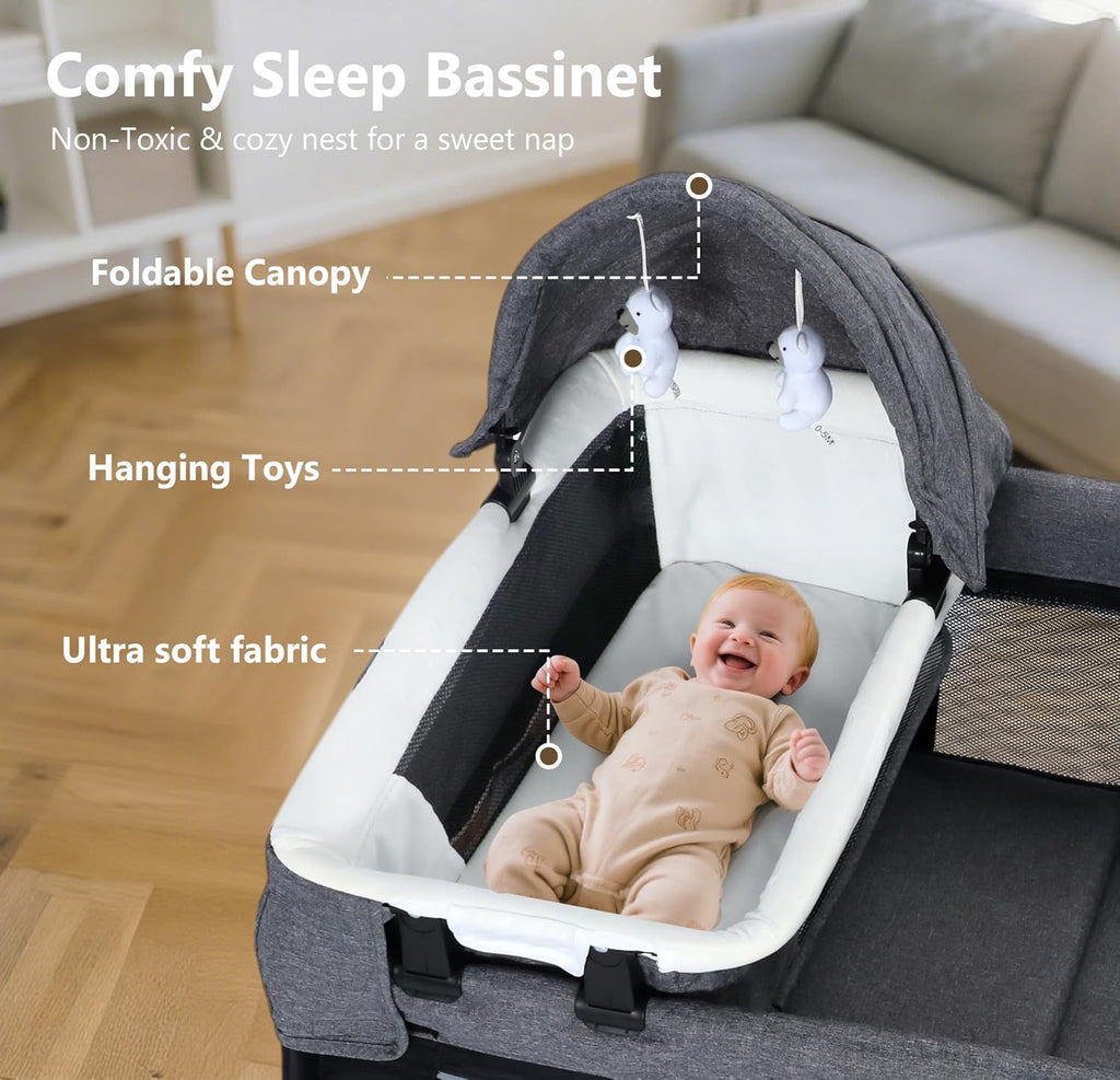 4 in 1 Foldable Pack and Play with Bassinet & Changing Table, Portable Playard for Babies and Toddlers, Adjustable Canopy, Storage Bag, Black
