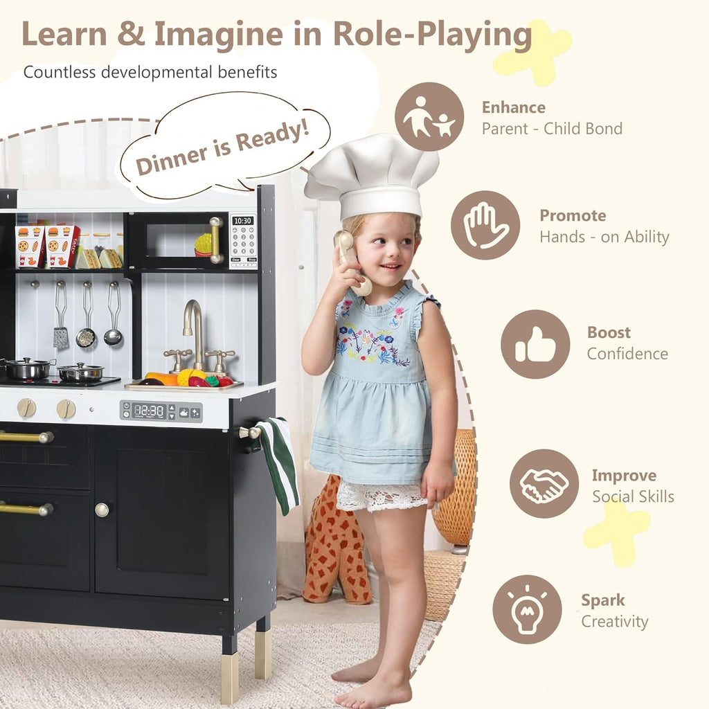 Wooden Kids Play Kitchen, Kitchen Playset for Toddler Kid, Play Kitchen Toy Set w/Real Sounds, Pretend Microwave Oven, Ice Maker, Telephone, Gift for Boys Girls Age 3+,Black