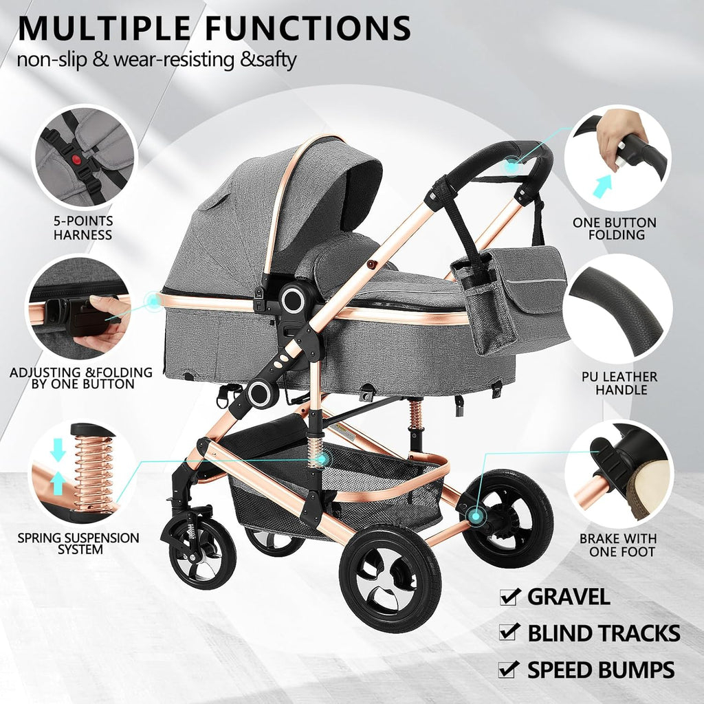 Kinder King 2 in 1 Convertible Baby Stroller, Folding High Landscape Infant Carriage, Newborn Reversible Pram, Adjustable Canopy, Diaper Bag, Anti-Shock Toddler Pushchair Stroller, Gold