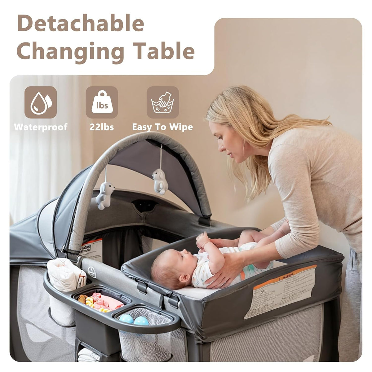 4 in 1 Portable Pack and Play, Baby Playard w/Bassinet, Large Playpen for Infant and Toddler, Newborn Changing Table, Adjustable Canopy, Storage Basket, Travel Bag, Grey