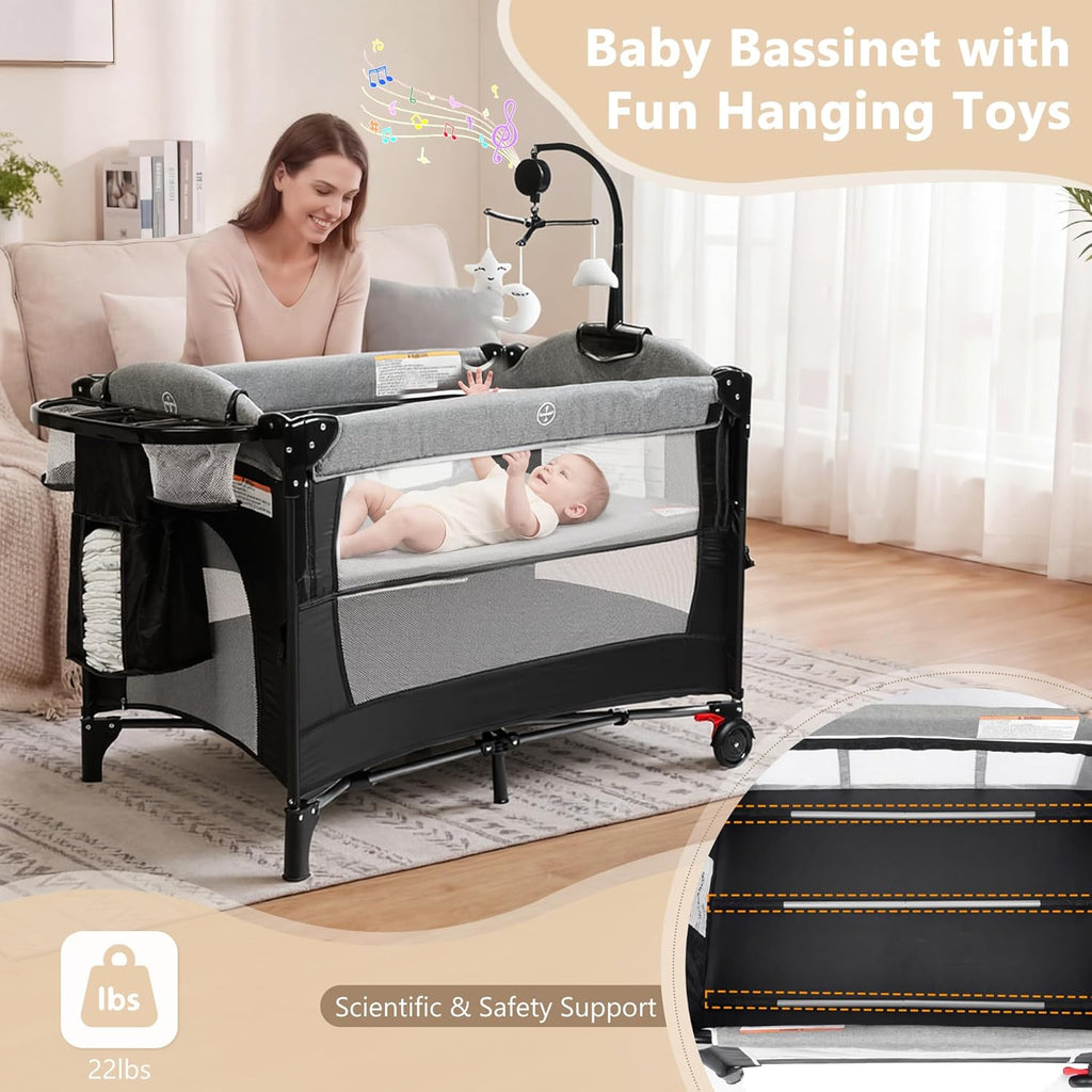 4 in 1 Portable Baby Playard, Foldable Baby Bedside Crib w/Bassinet, Infant Pack and Play Playard Toddler Large Playpen, Newborn Changing Table, Storage Basket, Grey