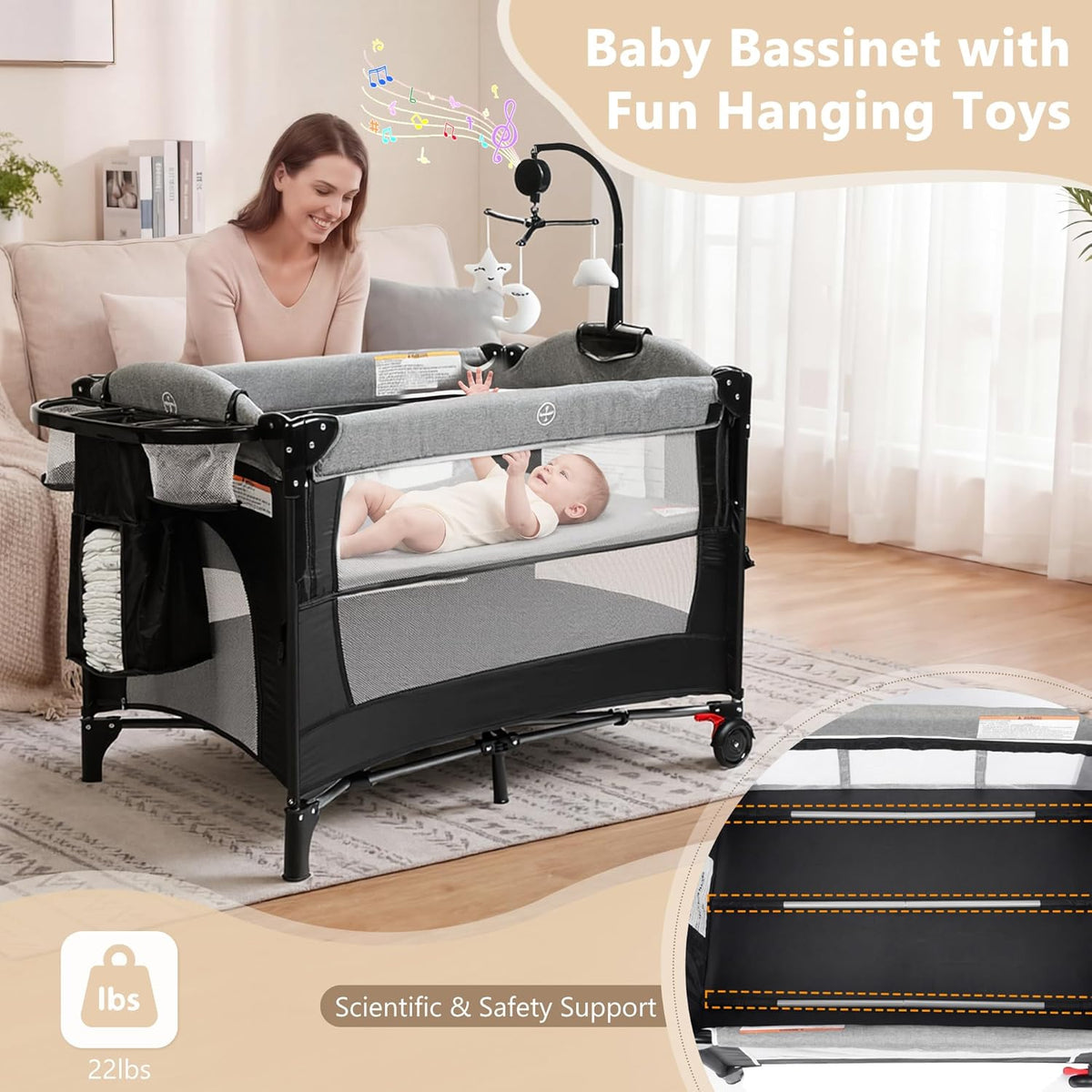 4 in 1 Portable Baby Playard, Foldable Baby Bedside Crib w/Bassinet, Infant Pack and Play Playard Toddler Large Playpen, Newborn Changing Table, Storage Basket, Grey