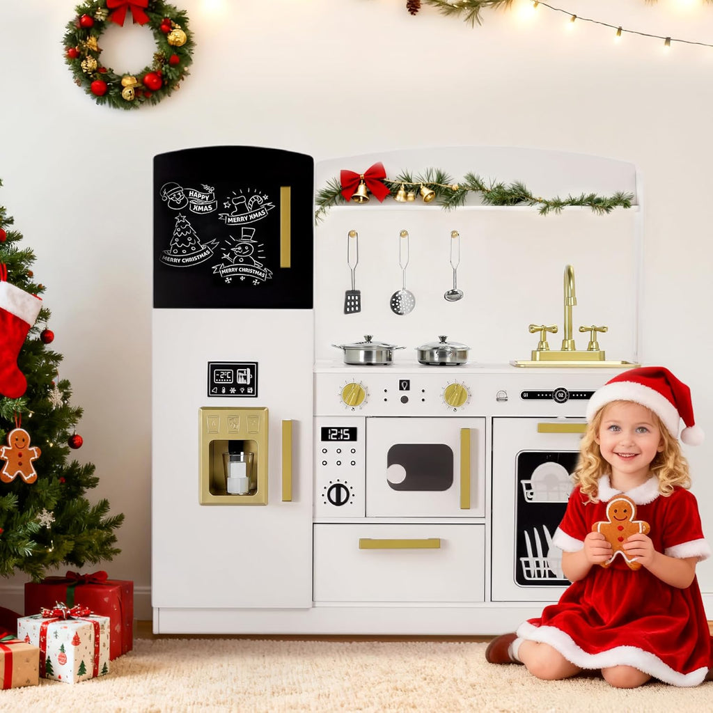 Wooden Kids Play Kitchen, Toy Kitchen Playset for Toddler, Play Kitchen Set w/Blackboard, Transparent Coloring Board, Pretend Dishwasher, Oven, Ice Maker, Gift for Boys Girls Age 3+, White