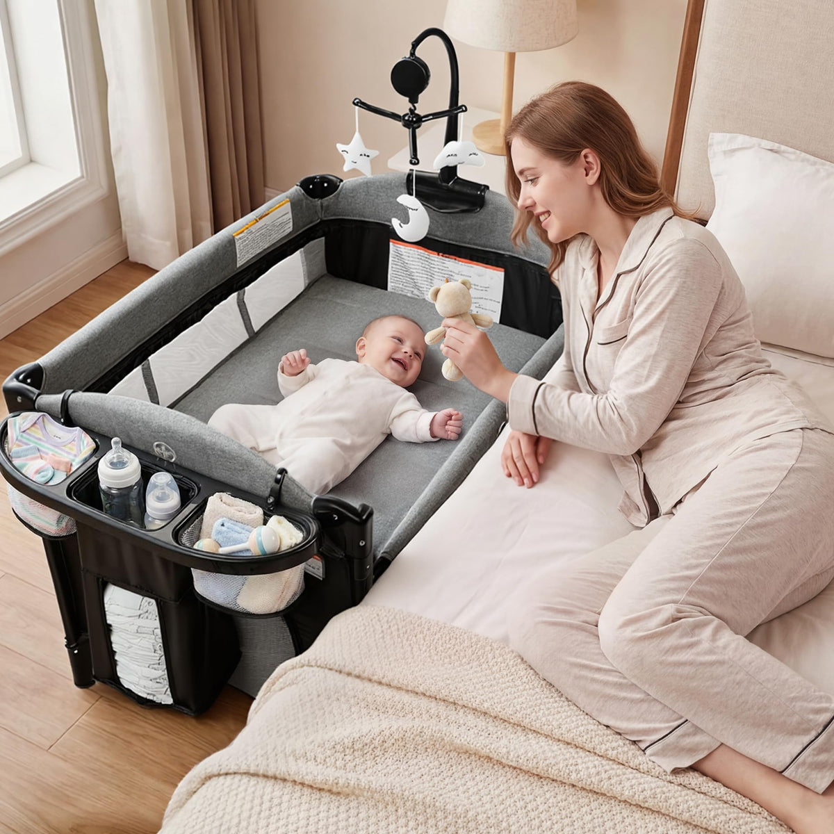 4 in 1 Portable Baby Playard, Foldable Baby Bedside Crib w/Bassinet, Infant Pack and Play Playard Toddler Large Playpen, Newborn Changing Table, Storage Basket, Grey
