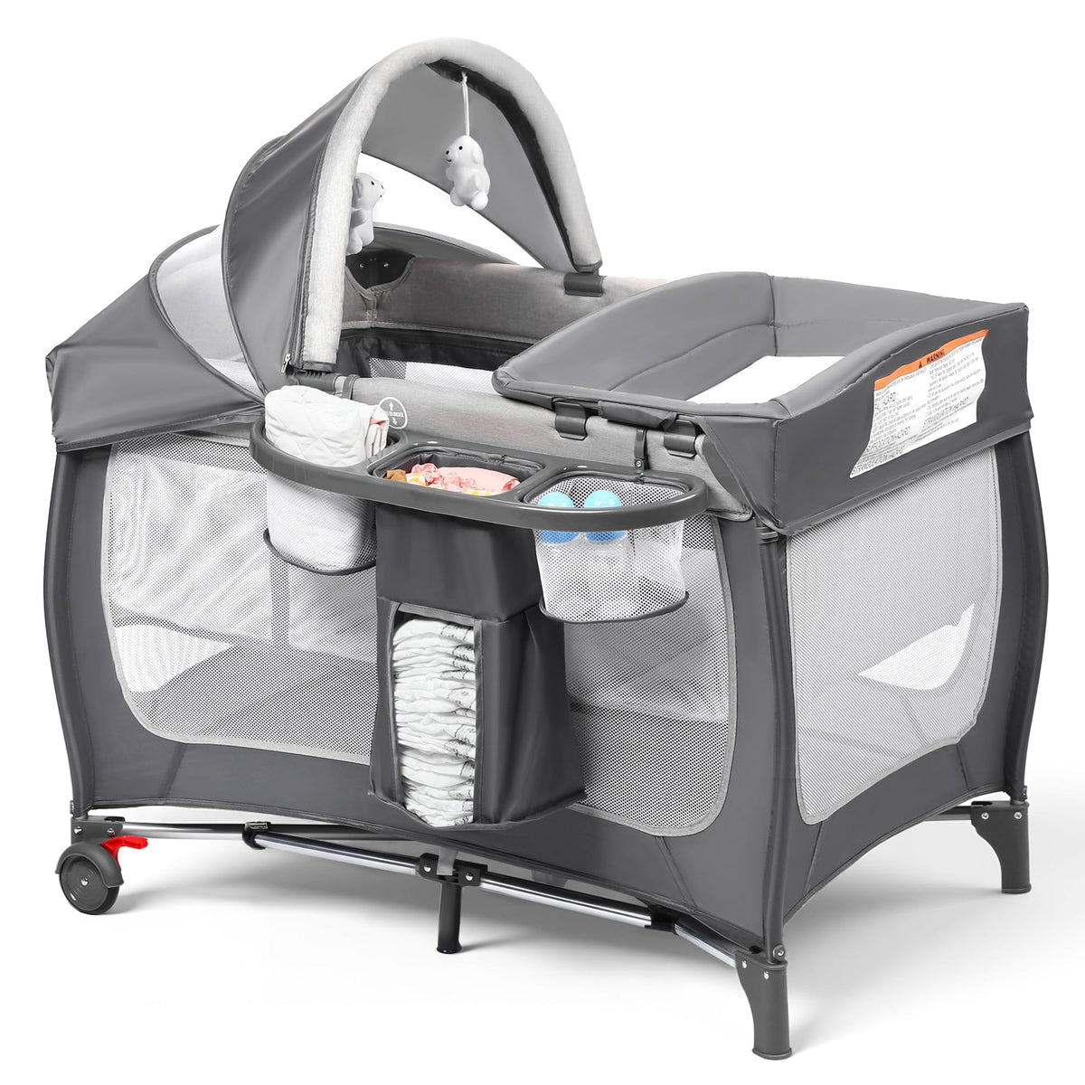 4 in 1 Portable Pack and Play, Baby Playard w/Bassinet, Large Playpen for Infant and Toddler, Newborn Changing Table, Adjustable Canopy, Storage Basket, Travel Bag, Grey