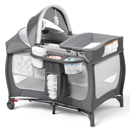Kinder King 4 in 1 Portable Pack and Play, Baby Playard w/Bassinet, Large Playpen for Infant and Toddler, Newborn Changing Table, Adjustable Canopy, Storage Basket, Travel Bag, Grey