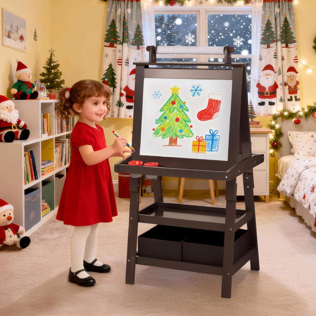 3 in 1 Kids Art Easel w/Storage, Double-Sided Magnetic Whiteboard & Chalkboard, Dry-Erase Board w/Paper Roller, Toddler Children Standing Easel for Painting & Drawing, Accessories, Coffee