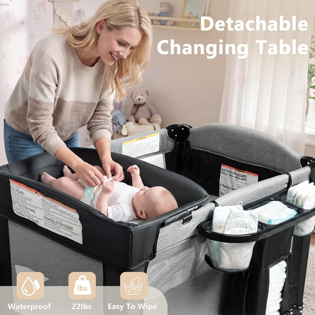 4 in 1 Portable Baby Playard, Foldable Baby Bedside Crib w/Bassinet, Infant Pack and Play Playard Toddler Large Playpen, Newborn Changing Table, Storage Basket, Grey